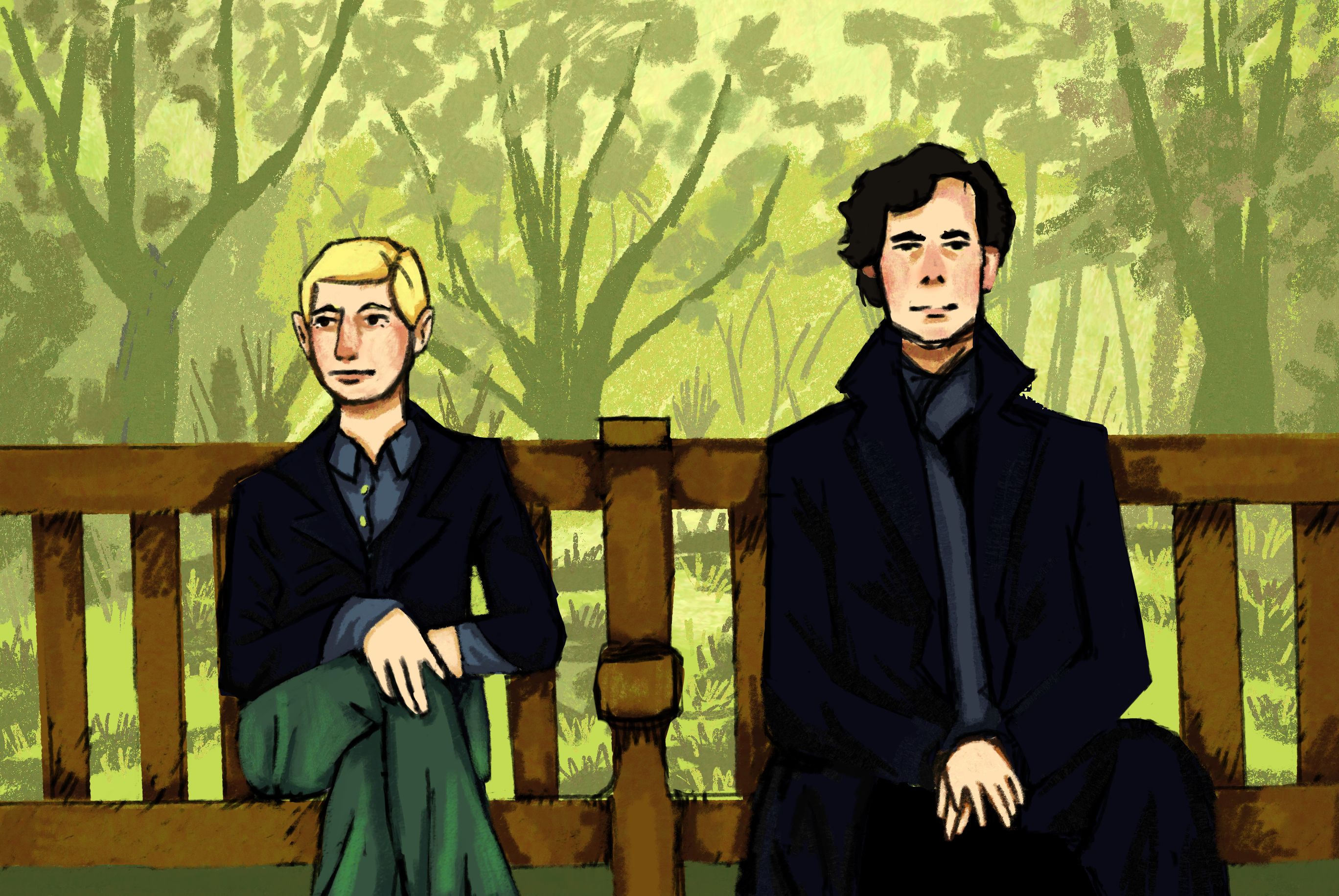 John and Sherlock on a bench